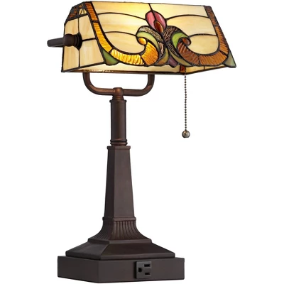 Robert Louis Tiffany Traditional Piano Banker Desk Table Lamp 17" High With AC Power Outlet Bronze Floral Art Glass Bedroom Office 8 Robert Louis Tiffany Traditional Piano Banker Desk Table Lamp 17" High With AC Power Outlet Bronze Floral Art Glass Bedroom Office - Image 6