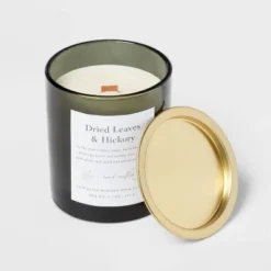 Clear Colored Glass With Woodwick And Brass Metal Inset Lid Dried Leaves + Hickory Candle Green - Threshold™ -Adesso Shop GUEST 05b6d262 797f 4785 845b ae77677bb543