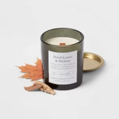 Clear Colored Glass With Woodwick And Brass Metal Inset Lid Dried Leaves + Hickory Candle Green - Threshold™ -Adesso Shop GUEST 08a8f017 4656 4cfc 916f 24f9e984c4ec
