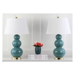 (Set Of 2) 28" Pamela Triple Gourd Ceramic Lamp Marine Blue (Includes CFL Light Bulb) - Safavieh