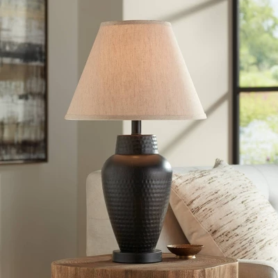Regency Hill Auburn Rustic Farmhouse Table Lamp 25" High Bronze Hammered Natural Linen Empire Shade For Bedroom Living Room Bedside Nightstand Office 3 Regency Hill Auburn Rustic Farmhouse Table Lamp 25" High Bronze Hammered Natural Linen Empire Shade For Bedroom Living Room Bedside Nightstand Office