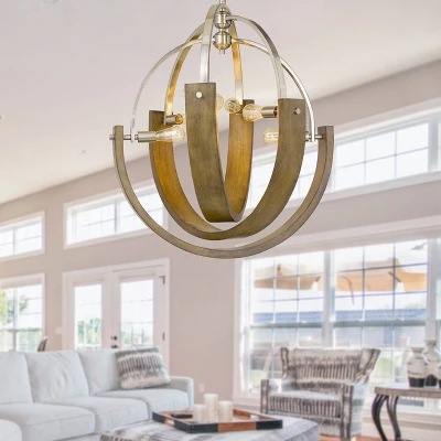 34" X 34" X 46.5" Metal/Wood Rauma Chandelier Brushed Steel - Cal Lighting 3 34" X 34" X 46.5" Metal/Wood Rauma Chandelier Brushed Steel - Cal Lighting