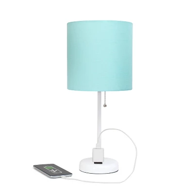 19.5" Bedside Power Outlet Base Metal Table Desk Lamp In White With Aqua Blue Fabric Shade - Creekwood Home 4 19.5" Bedside Power Outlet Base Metal Table Desk Lamp In White With Aqua Blue Fabric Shade - Creekwood Home - Image 2