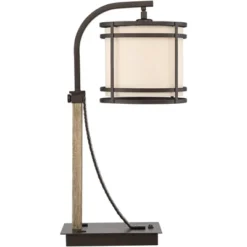 Franklin Iron Works Gentry Industrial Desk Lamp 22" High Oil Rubbed Bronze Faux Wood Cage With USB And AC Power Outlet In Base Oatmeal Shade For Desk -Adesso Shop GUEST 19ef54f6 fb9e 4496 a088 ce71f4fcce3f