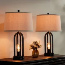 360 Lighting Marcel Industrial Table Lamps 24 1/4" High Set Of 2 Black With LED Nightlight USB Port Natural Shade For Bedroom Living Room House Desk -Adesso Shop GUEST 19fbf235 659f 46e3 8dd6 aac101f235be