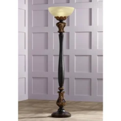 Barnes And Ivy Traditional Torchiere Floor Lamp 75" Tall Carved Wood Amber Glass Shade Foot Dimmer For Living Room Bedroom Office House