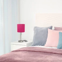 19.5" Bedside USB Port Feature Metal Table Desk Lamp Brushed Steel With Pink Fabric Shade - Creekwood Home -Adesso Shop GUEST 1fa52e27 b906 498b 81bb 3d14bd8b7ba6