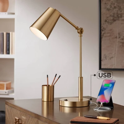 360 Lighting Industrial Modern Desk Lamp With USB And AC Power Outlet 23.5" High Antique Brass Metal For Living Room Bedroom House Bedside 3 360 Lighting Industrial Modern Desk Lamp With USB And AC Power Outlet 23.5" High Antique Brass Metal For Living Room Bedroom House Bedside