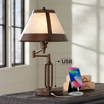 Franklin Iron Works Samuel Industrial Desk Lamp 21 1/4" High Bronze Swing Arm With USB Charging Port Natural Mica Shade For Bedroom Living Room House 3 Franklin Iron Works Samuel Industrial Desk Lamp 21 1/4" High Bronze Swing Arm With USB Charging Port Natural Mica Shade For Bedroom Living Room House