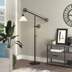 70 In. Pulley Metal Black And Bronze And With Milk Shade Floor Lamp - Henn&Hart -Adesso Shop GUEST 3073b3ac 399b 4b00 abe5 9a87055e965c