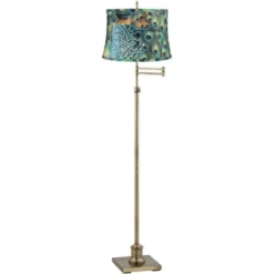 360 Lighting Swing Arm Floor Lamp Adjustable Height 70" Tall Antique Brass Peacock Print Drum Shade Living Room Reading Bedroom