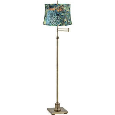 360 Lighting Swing Arm Floor Lamp Adjustable Height 70" Tall Antique Brass Peacock Print Drum Shade Living Room Reading Bedroom 3 360 Lighting Swing Arm Floor Lamp Adjustable Height 70" Tall Antique Brass Peacock Print Drum Shade Living Room Reading Bedroom