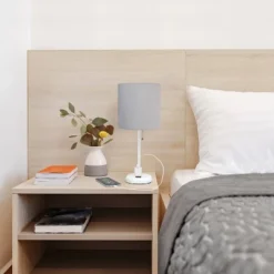 19.5" Bedside Power Outlet Base Metal Table Desk Lamp In White With Gray Fabric Shade - Creekwood Home -Adesso Shop GUEST 323aceae 1637 430b b380 1dcb6147741e