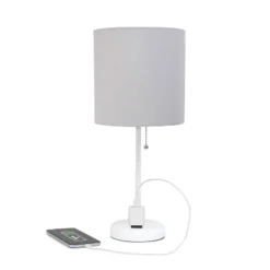 19.5" Bedside Power Outlet Base Metal Table Desk Lamp In White With Gray Fabric Shade - Creekwood Home -Adesso Shop GUEST 364230f8 43f9 46a9 8733 9e794c9ffb7d