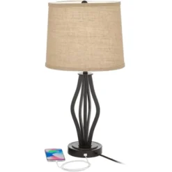 360 Lighting Heather Modern Industrial Table Lamps 25 3/4" High Set Of 2 Dark Iron With USB Charging Port Burlap Drum Shade For Bedroom House Desk -Adesso Shop GUEST 371a2370 0514 41ce 92dd 7c1e24e7be30