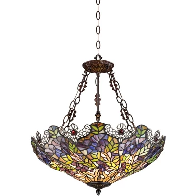 Robert Louis Tiffany Bronze Pendant Chandelier 22" Wide Rustic Floral Garden Stained Glass 3-Light Fixture For Dining Room House Foyer Kitchen Island 8 Robert Louis Tiffany Bronze Pendant Chandelier 22" Wide Rustic Floral Garden Stained Glass 3-Light Fixture For Dining Room House Foyer Kitchen Island - Image 6