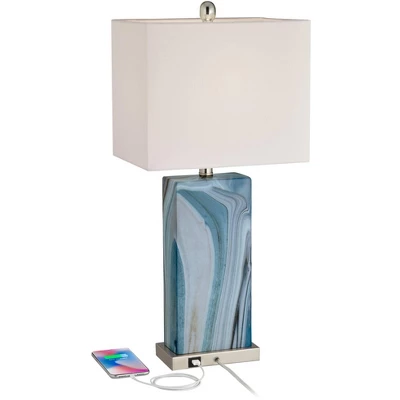 360 Lighting Connie Modern Table Lamps 25" High Set Of 2 Blue Faux Marble With USB Charging Ports LED White Shade For Bedroom Living Room House Desk 4 360 Lighting Connie Modern Table Lamps 25" High Set Of 2 Blue Faux Marble With USB Charging Ports LED White Shade For Bedroom Living Room House Desk - Image 2