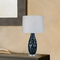Filigree Ceramic Table Lamp With Cone Linen Shade Blue - Splendor Home -Adesso Shop GUEST 3b6d89a7 8fc7 440d a706 345d5cc830be