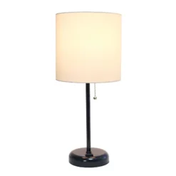 19.5" Bedside Power Outlet Base Metal Table Desk Lamp In Black With White Fabric Shade - Creekwood Home