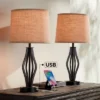 360 Lighting Heather Modern Industrial Table Lamps 25 3/4" High Set Of 2 Dark Iron With USB Charging Port Burlap Drum Shade For Bedroom House Desk