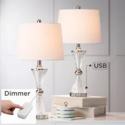 Regency Hill Luca Modern Table Lamps 25 1/2" High Set Of 2 Clear Glass With USB Charging Ports Dimmers White Fabric Drum Shade For Bedroom House Desk