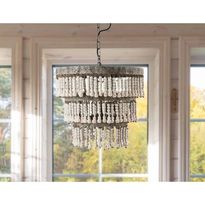 3-Tier Round Metal Chandelier With 3 Lights And Hanging Wood Beads Cream - Storied Home 5 3-Tier Round Metal Chandelier With 3 Lights And Hanging Wood Beads Cream - Storied Home - Image 3