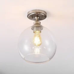 9.75" LED 1-Light Marla Iron/Seeded Glass Pendant Nickel/Clear - JONATHAN Y
