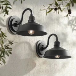 Franklin Iron Works Arnett Rustic Industrial Farmhouse Outdoor Barn Light Fixtures Set Of 2 Black Dusk To Dawn Gooseneck 10 1/2" For Exterior Deck