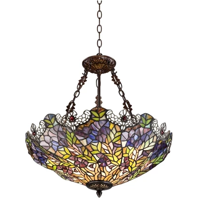 Robert Louis Tiffany Bronze Pendant Chandelier 22" Wide Rustic Floral Garden Stained Glass 3-Light Fixture For Dining Room House Foyer Kitchen Island 9 Robert Louis Tiffany Bronze Pendant Chandelier 22" Wide Rustic Floral Garden Stained Glass 3-Light Fixture For Dining Room House Foyer Kitchen Island - Image 7