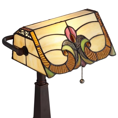 Robert Louis Tiffany Traditional Piano Banker Desk Table Lamp 17" High With AC Power Outlet Bronze Floral Art Glass Bedroom Office 4 Robert Louis Tiffany Traditional Piano Banker Desk Table Lamp 17" High With AC Power Outlet Bronze Floral Art Glass Bedroom Office - Image 2