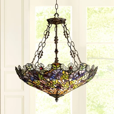 Robert Louis Tiffany Bronze Pendant Chandelier 22" Wide Rustic Floral Garden Stained Glass 3-Light Fixture For Dining Room House Foyer Kitchen Island 3 Robert Louis Tiffany Bronze Pendant Chandelier 22" Wide Rustic Floral Garden Stained Glass 3-Light Fixture For Dining Room House Foyer Kitchen Island