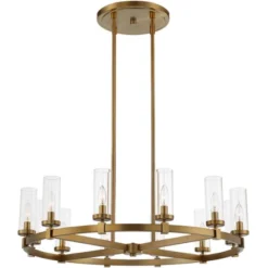Stiffel Aron Brass Gold Wagon Wheel Chandelier 36" Wide Modern Clear Glass Shade 12-Light Fixture For Dining Room House Foyer Kitchen Island Entryway -Adesso Shop GUEST 63075344 5a7a 4d76 8c1b 31cf985ef9db