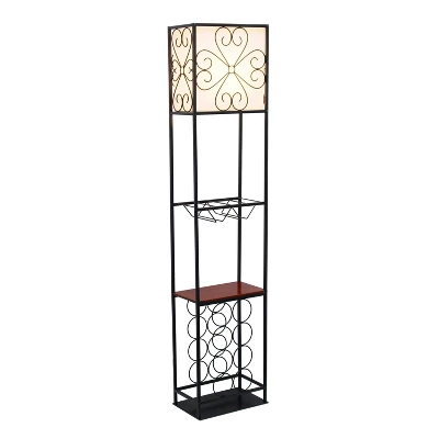Etagere Organizer Wood Accented Storage Shelf And Wine Rack With Linen Shade Floor Lamp Black - Elegant Designs 3 Etagere Organizer Wood Accented Storage Shelf And Wine Rack With Linen Shade Floor Lamp Black - Elegant Designs