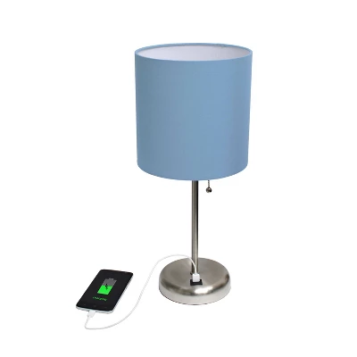 19.5" Bedside USB Port Feature Metal Table Desk Lamp Brushed Steel With Blue Fabric Shade - Creekwood Home 4 19.5" Bedside USB Port Feature Metal Table Desk Lamp Brushed Steel With Blue Fabric Shade - Creekwood Home - Image 2