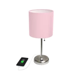 19.5" Bedside USB Port Feature Metal Table Desk Lamp Brushed Steel With Light Pink Fabric Shade - Creekwood Home -Adesso Shop GUEST 69144cb4 0980 4b78 bbaa ac7d98b330b0