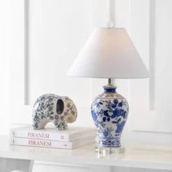 21.5" Ceramic And Crystal Song Chinoiserie Floral Table Lamp (Includes LED Light Bulb) Blue And White - Jonathan Y
