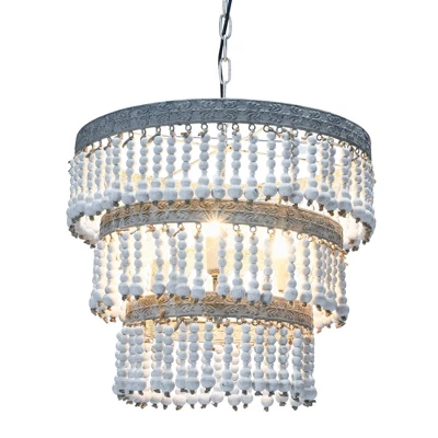 3-Tier Round Metal Chandelier With 3 Lights And Hanging Wood Beads Cream - Storied Home 16 3-Tier Round Metal Chandelier With 3 Lights And Hanging Wood Beads Cream - Storied Home - Image 14