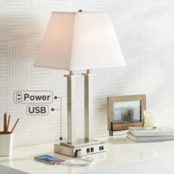 Possini Euro Design Amity Modern Table Lamp 26" High Brushed Nickel With USB And AC Power Outlet In Base White Linen Shade For Bedroom Bedside Desk