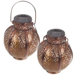 Set Of 2 Solar Outdoor Lights - Hanging Or Tabletop Rechargeable LED Lantern Set With 2 Shepherd Hooks For Outdoor Decor By Pure Garden (Bronze) -Adesso Shop GUEST 6c31a018 753c 48c8 be1a a39d560ca9d9