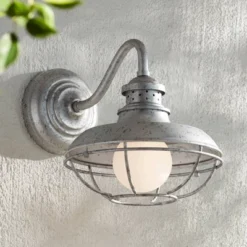 Franklin Iron Works Rustic Industrial Farmhouse Vintage Outdoor Barn Light Fixture Galvanized Steel Open Cage 13" White Glass Orb For Exterior Porch