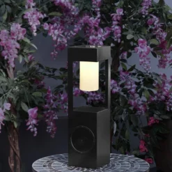 Outdoor Metal Lantern With LED Light And Bluetooth Speaker Black - Alpine Corporation
