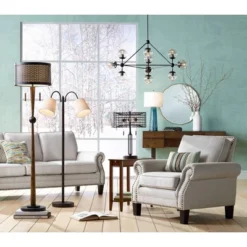 Franklin Iron Works Modern Mid Century Farmhouse Rustic Floor Lamp 64" Tall Bronze Cherry Wood Metal Cream Double Drum Shade For Living Room Reading -Adesso Shop GUEST 8778746e a651 4f25 bf32 7ca27c5ef7ef