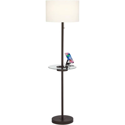 360 Lighting Caper Modern Floor Lamps With Tray Table 60 1/2" Tall Set Of 2 Bronze USB And Outlet Off White Fabric Drum Shade For Living Room Bedroom 4 360 Lighting Caper Modern Floor Lamps With Tray Table 60 1/2" Tall Set Of 2 Bronze USB And Outlet Off White Fabric Drum Shade For Living Room Bedroom - Image 2
