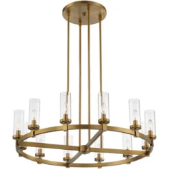 Stiffel Aron Brass Gold Wagon Wheel Chandelier 36" Wide Modern Clear Glass Shade 12-Light Fixture For Dining Room House Foyer Kitchen Island Entryway -Adesso Shop GUEST 8b93172a 7885 4bd3 b114 fdcfe1bcfe18