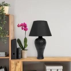 20.08" Traditional Ceramic Texture Imprint Winding Table Desk Lamp With Matching Fabric Shade Black - Creekwood Home -Adesso Shop GUEST 8c595d6b c12c 4516 a3d9 7bdc94ad93a2