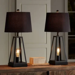 Franklin Iron Works Kacey Industrial Table Lamps 25 1/4" High Set Of 2 Dark Metal With USB LED Nightlight Black Faux Silk Shade For Living Room Desk -Adesso Shop GUEST 8fd8cff2 89f5 43d0 b673 9c0a75354ac5