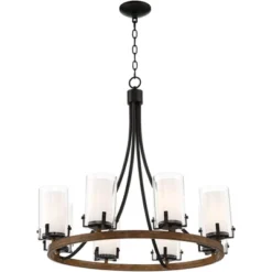 Stiffel Black Wood Wagon Wheel Chandelier 29 1/2" Wide Industrial Clear Outer Frosted Inner Glass 8-Light For Dining Room House -Adesso Shop GUEST 912dab1f a1cc 4e8d beae de640d93ebcf