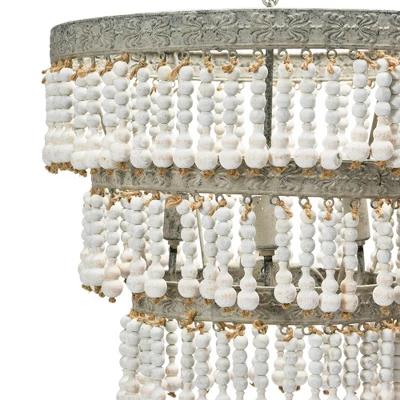 3-Tier Round Metal Chandelier With 3 Lights And Hanging Wood Beads Cream - Storied Home 17 3-Tier Round Metal Chandelier With 3 Lights And Hanging Wood Beads Cream - Storied Home - Image 15