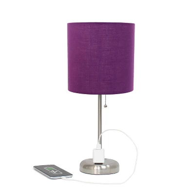 19.5" Bedside Power Outlet Base Metal Table Desk Lamp Brushed Steel With Fabric Shade Purple - Creekwood Home 3 19.5" Bedside Power Outlet Base Metal Table Desk Lamp Brushed Steel With Fabric Shade Purple - Creekwood Home