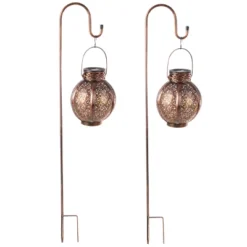 Set Of 2 Solar Outdoor Lights - Hanging Or Tabletop Rechargeable LED Lantern Set With 2 Shepherd Hooks For Outdoor Decor By Pure Garden (Bronze) -Adesso Shop GUEST 93bb4dd6 47e5 4d59 b452 d8188e62617b